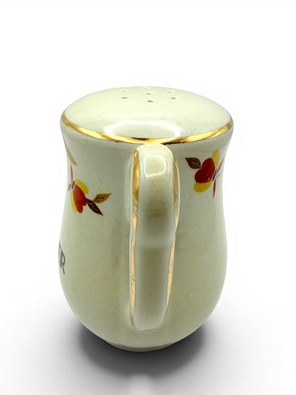 Hinson Vintage Interiors Hall China Autumn Leaf ceramic salt shaker with gold trim and colorful leaf pattern