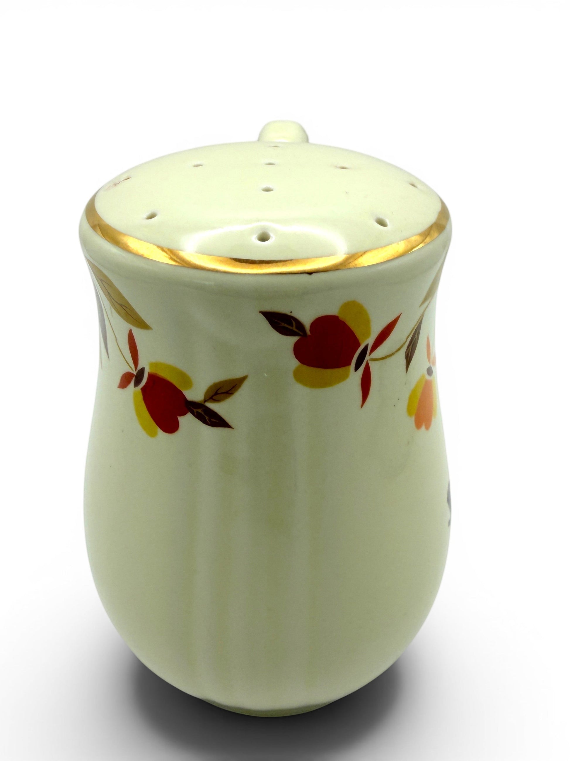 Hinson Vintage Interiors Hall China Autumn Leaf ceramic salt shaker with gold trim and floral pattern