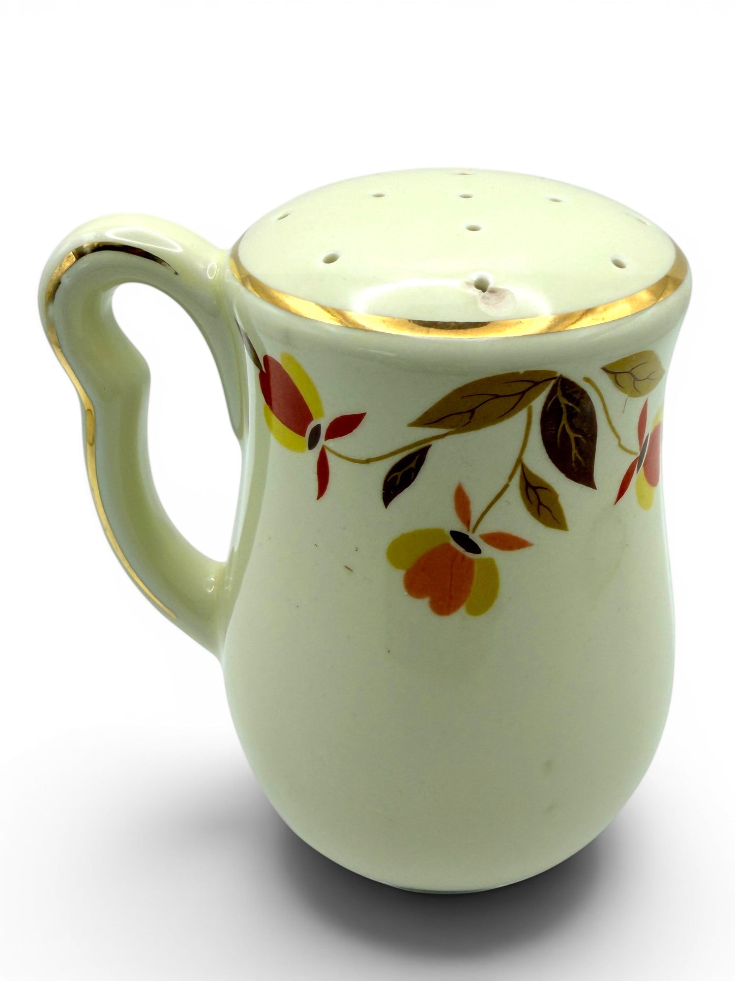 Hinson Vintage Interiors Hall China ceramic salt and pepper shaker with Autumn Leaf pattern and gold trim