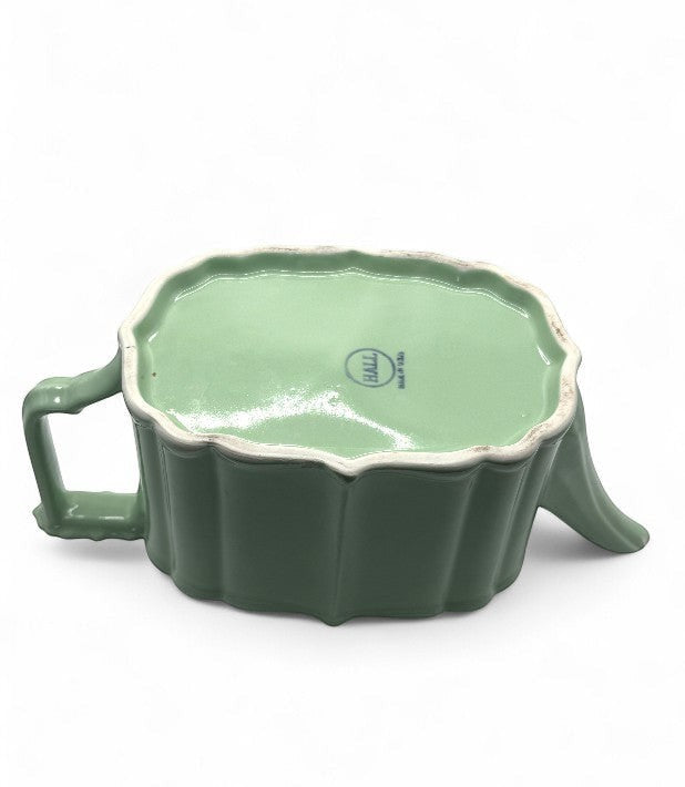 Hinson Vintage Interiors vintage Hall Benjamin teapot in celadon green ceramic with scalloped edges and maker mark