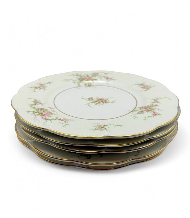 Hinson Vintage Interiors set of five 10-inch Theodore Haviland Rosalinde china plates with pink roses and 24K gold rims.