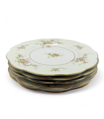 Hinson Vintage Interiors set of five 10-inch Theodore Haviland Rosalinde china plates with pink roses and 24K gold rims.