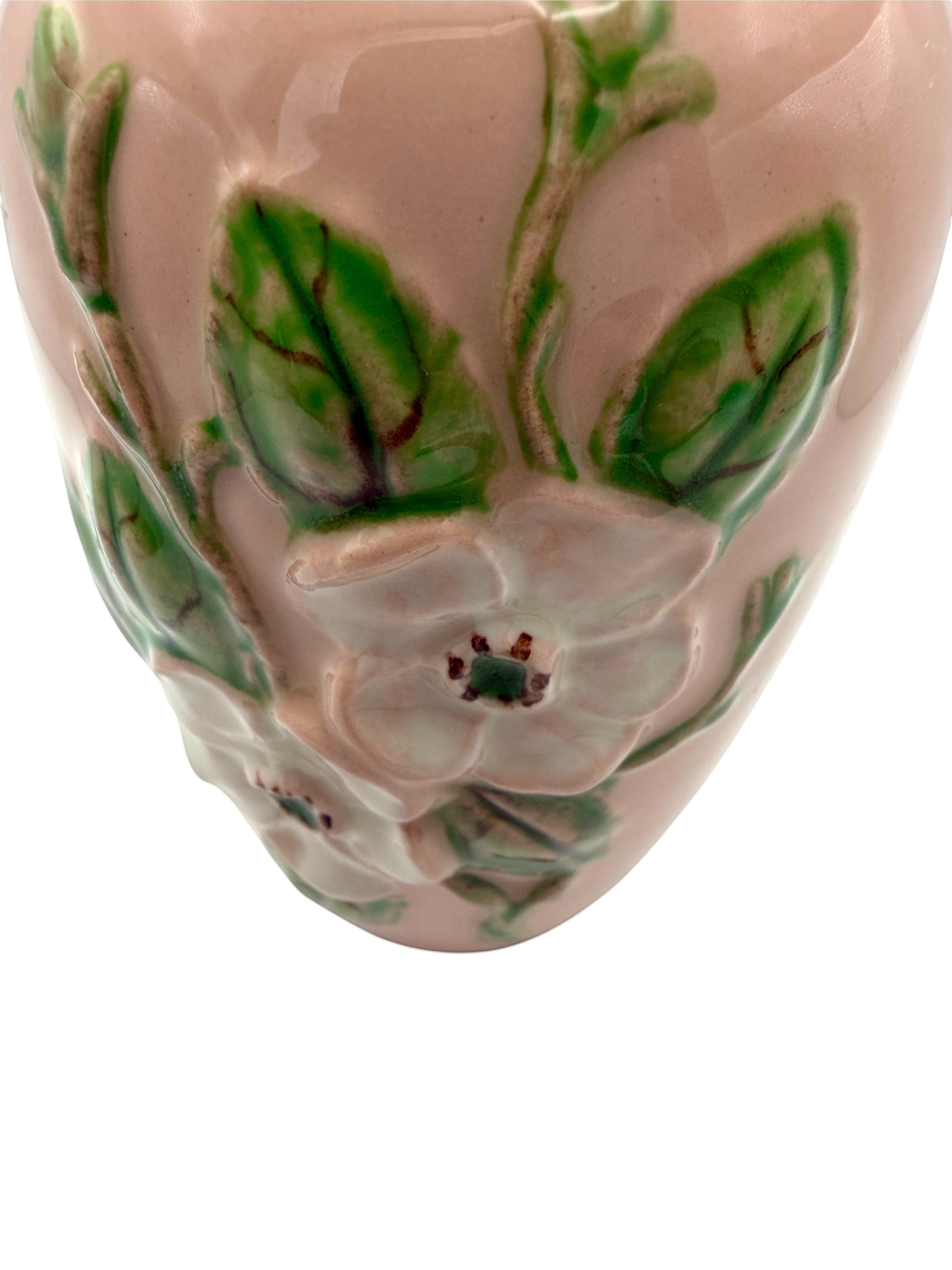 Hinson Vintage Interiors Hull Pottery R-2-5 vase in blush pink with raised white floral and green leaf relief detail.