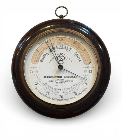 Hinson Vintage Interiors vintage Italian Barometro Normale aneroid barometer with dark wood case and brass bezel.