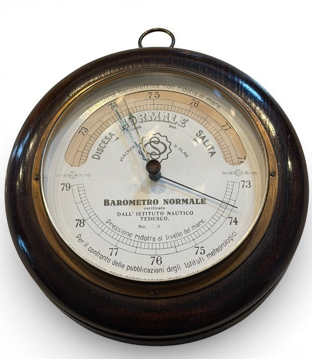 Hinson Vintage Interiors vintage Italian aneroid barometer with dark wood case and brass bezel, labeled Barometro Normale.