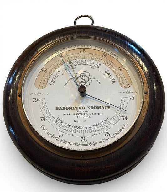Hinson Vintage Interiors vintage Italian aneroid barometer with dark wood case and brass bezel, labeled Barometro Normale.