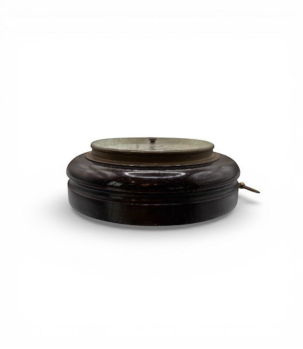 Hinson Vintage Interiors vintage Italian aneroid barometer in a dark wood case with a brass bezel and glass cover