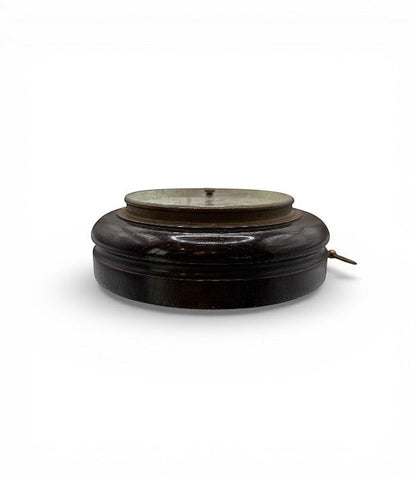 Hinson Vintage Interiors vintage Italian aneroid barometer in a dark wood case with a brass bezel and glass cover