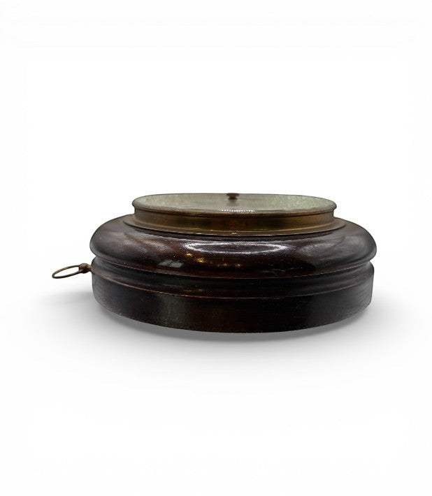 Hinson Vintage Interiors vintage Italian aneroid barometer in a dark wood case with a brass bezel and hanging ring