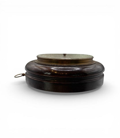 Hinson Vintage Interiors vintage Italian aneroid barometer in a dark wood case with a brass bezel and hanging ring