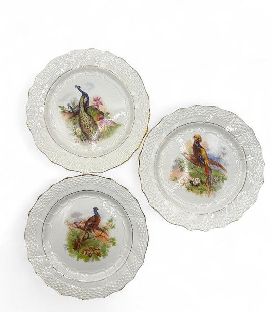 Hinson Vintage Interiors set of three antique French Moulin des Loups faience dessert plates with bird illustrations