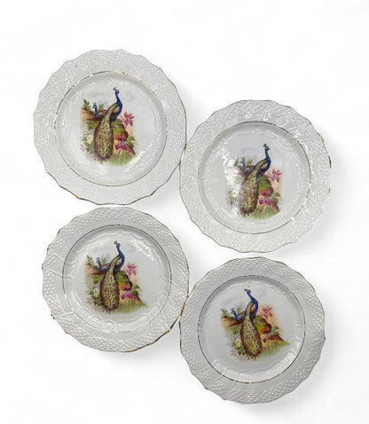 Hinson Vintage Interiors set of four antique Moulin des Loups French faience dessert plates with peacock illustrations