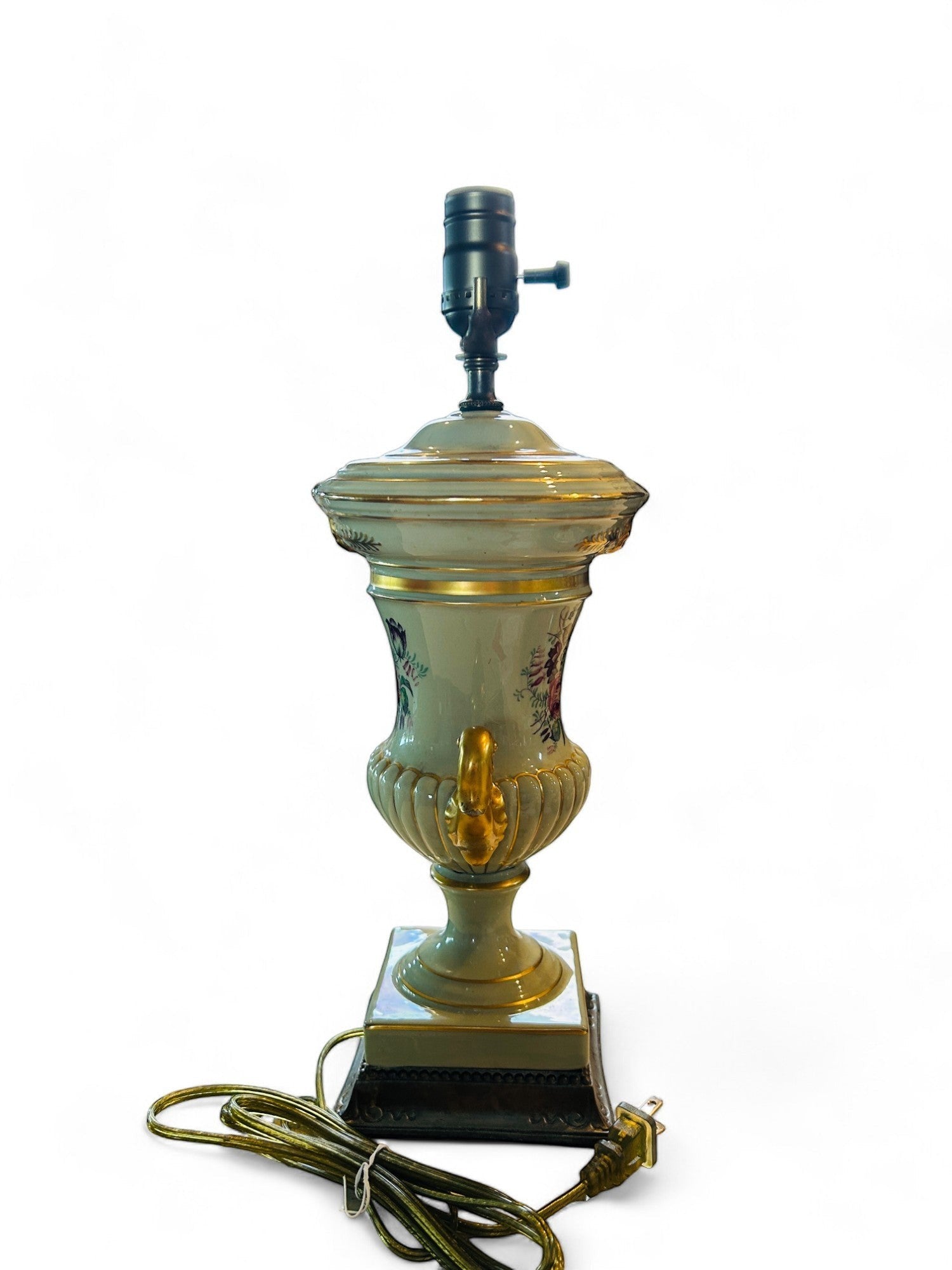 Hinson Vintage Interiors porcelain caldron lamp in sage green with handpainted floral motifs and gold accents.