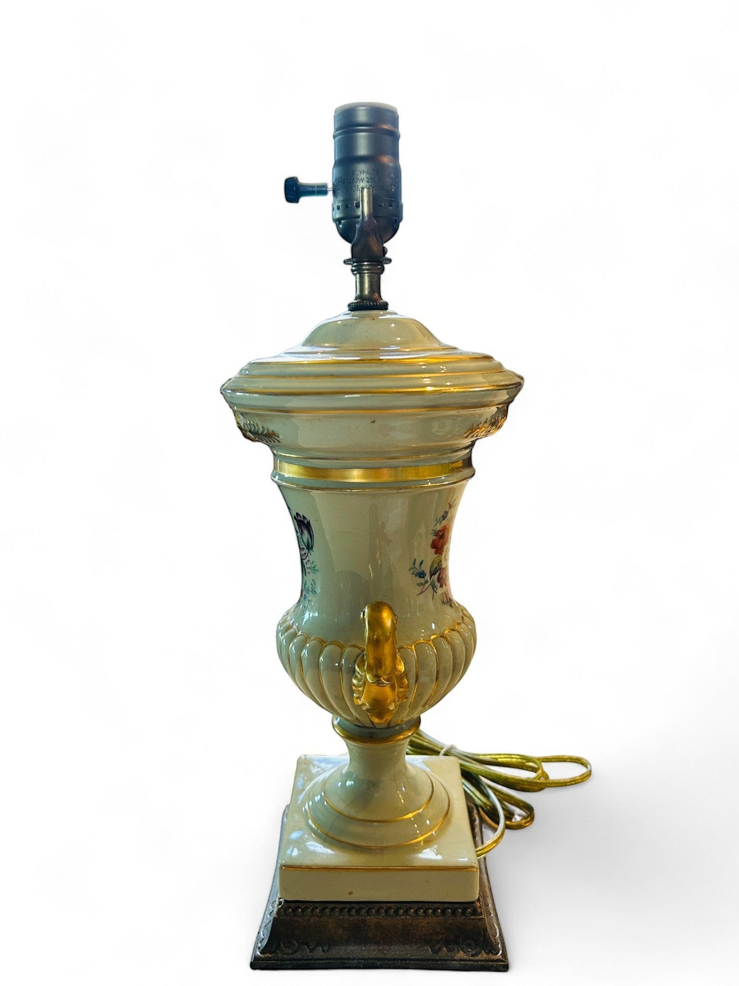 Hinson Vintage Interiors vintage porcelain caldron lamp with handpainted floral motifs and gold accents.