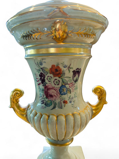 Hinson Vintage Interiors porcelain caldron lamp with handpainted floral motifs and ornate gold trim accents.