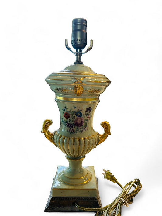 Hinson Vintage Interiors vintage porcelain caldron lamp with handpainted floral motifs and gold trim on sage green base