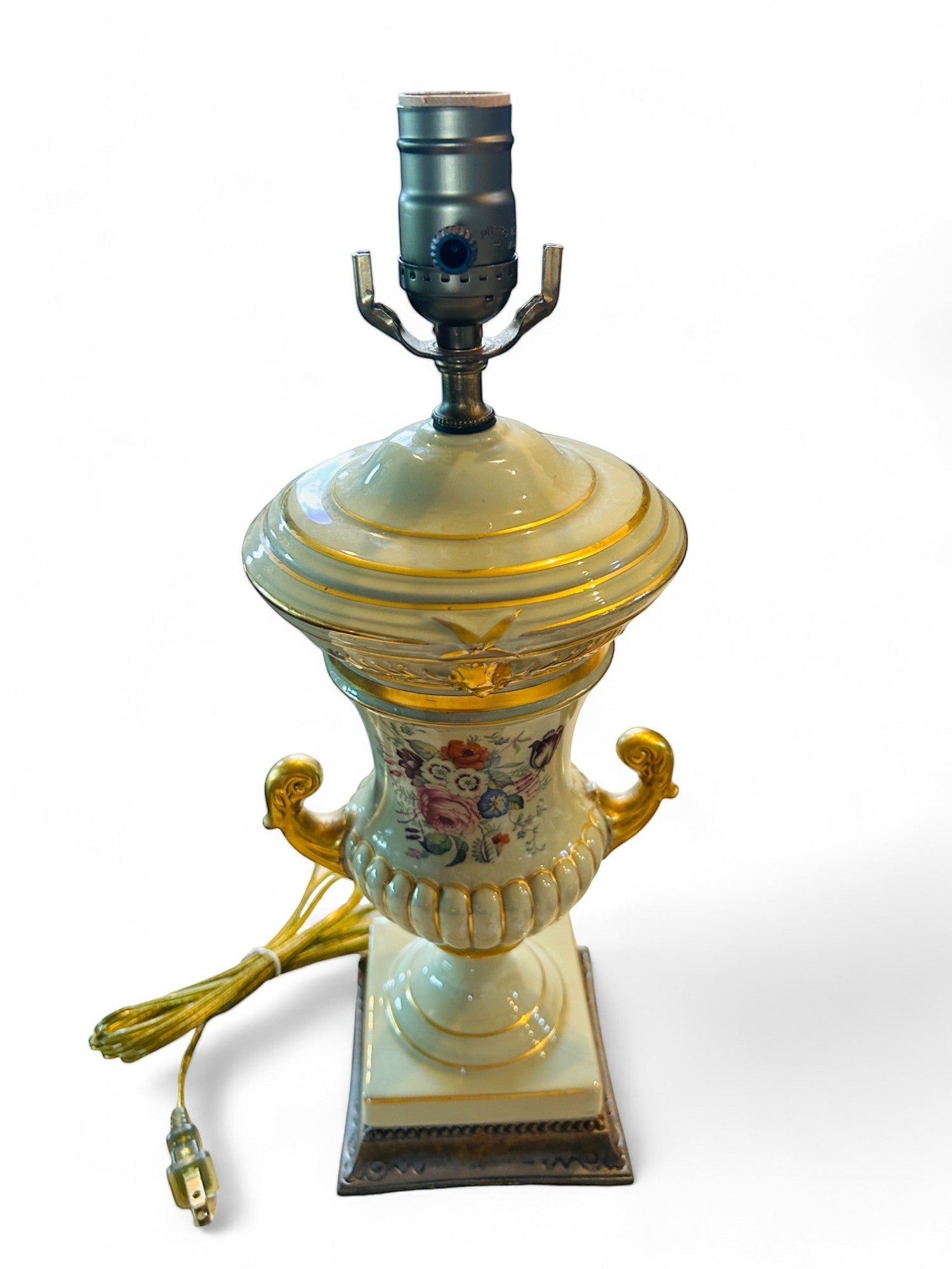 Hinson Vintage Interiors porcelain caldron lamp with handpainted floral motifs, gold trim, and sage green accents.