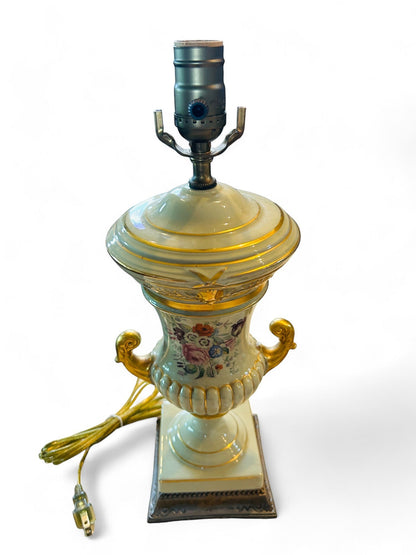 Hinson Vintage Interiors porcelain caldron lamp with handpainted floral motifs, gold trim, and sage green accents.