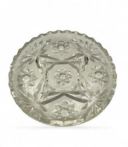 Hinson Vintage Interiors set of six clear pressed glass coasters with a vintage starburst and floral scalloped design.