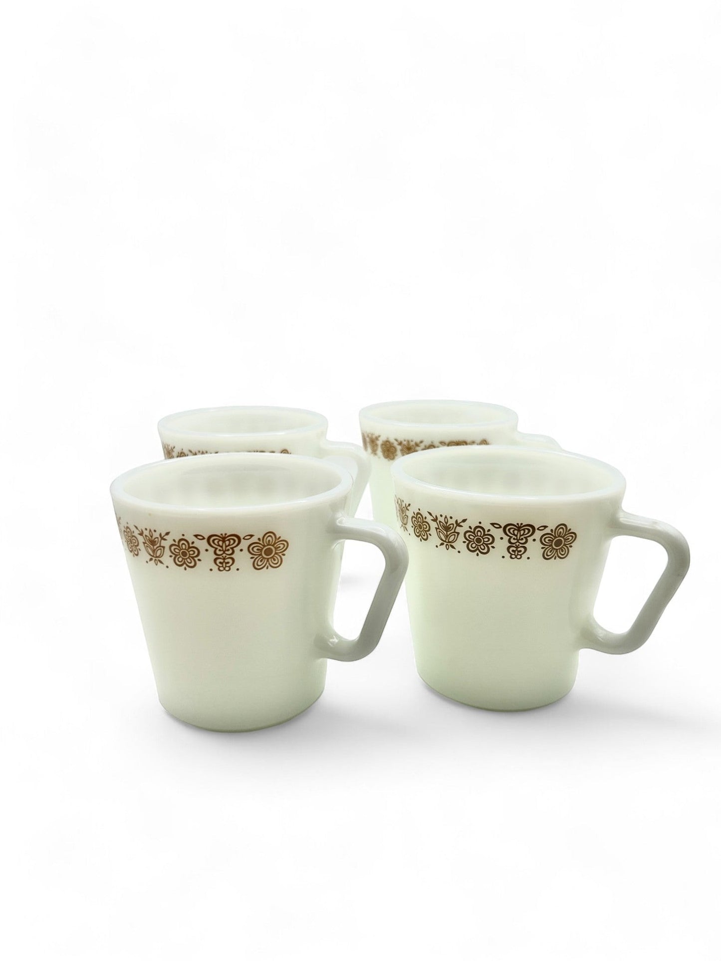 Hinson Vintage Interiors set of four white Pyrex glass coffee cups with 1970s butterfly gold floral pattern
