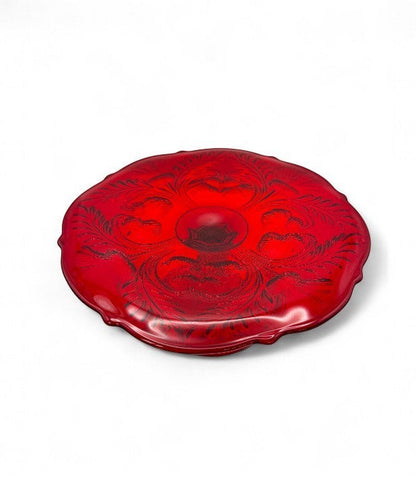Hinson Vintage Interiors ruby red pressed glass cake stand featuring the classic Inverted Thistle floral pattern.