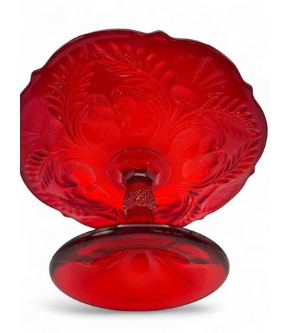 Hinson Vintage Interiors ruby red pressed glass cake stand featuring the vintage Inverted Thistle floral pattern.