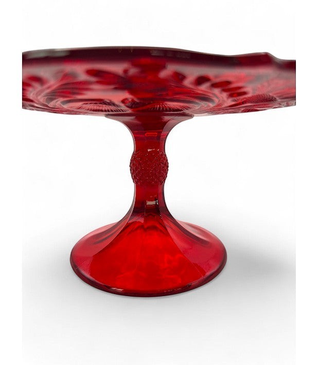 Hinson Vintage Interiors ruby red pressed glass cake stand with Inverted Thistle pattern and textured pedestal base
