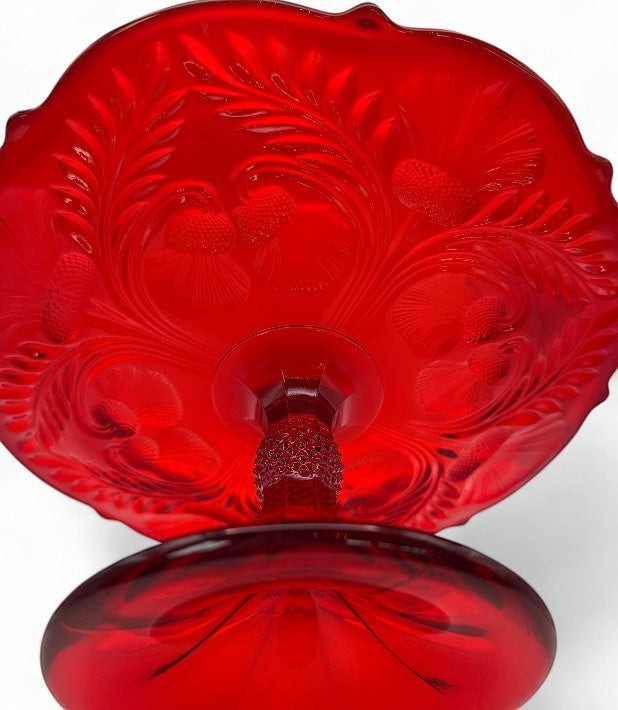 Hinson Vintage Interiors ruby red pressed glass cake stand featuring the intricate Inverted Thistle floral pattern.