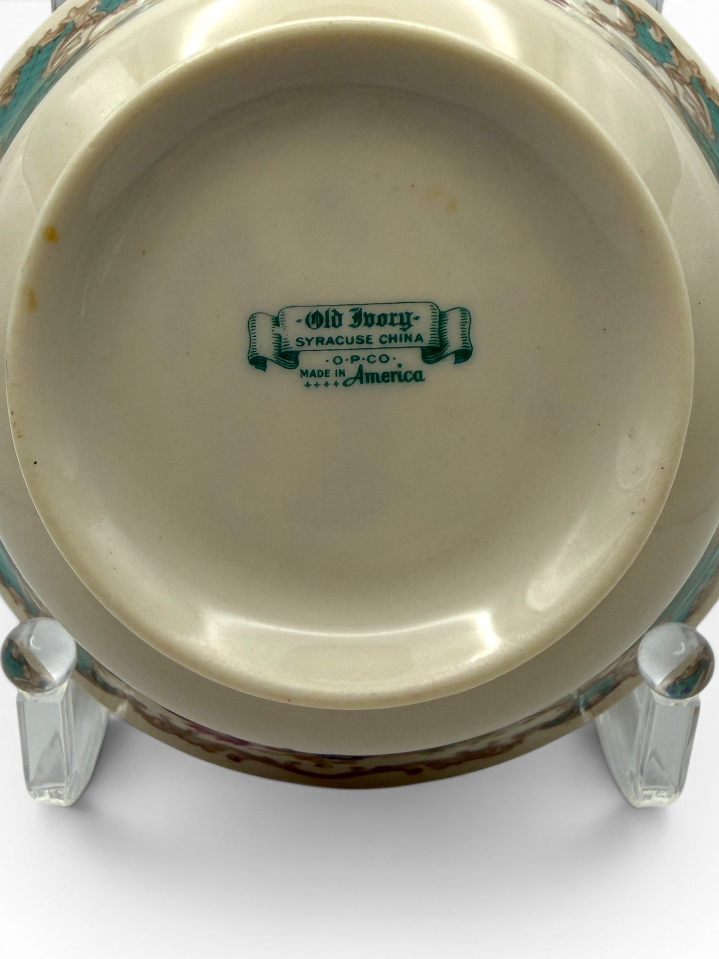 Hinson Vintage Interiors Syracuse China Old Ivory maker mark on the base of a vintage Romance Green soup bowl