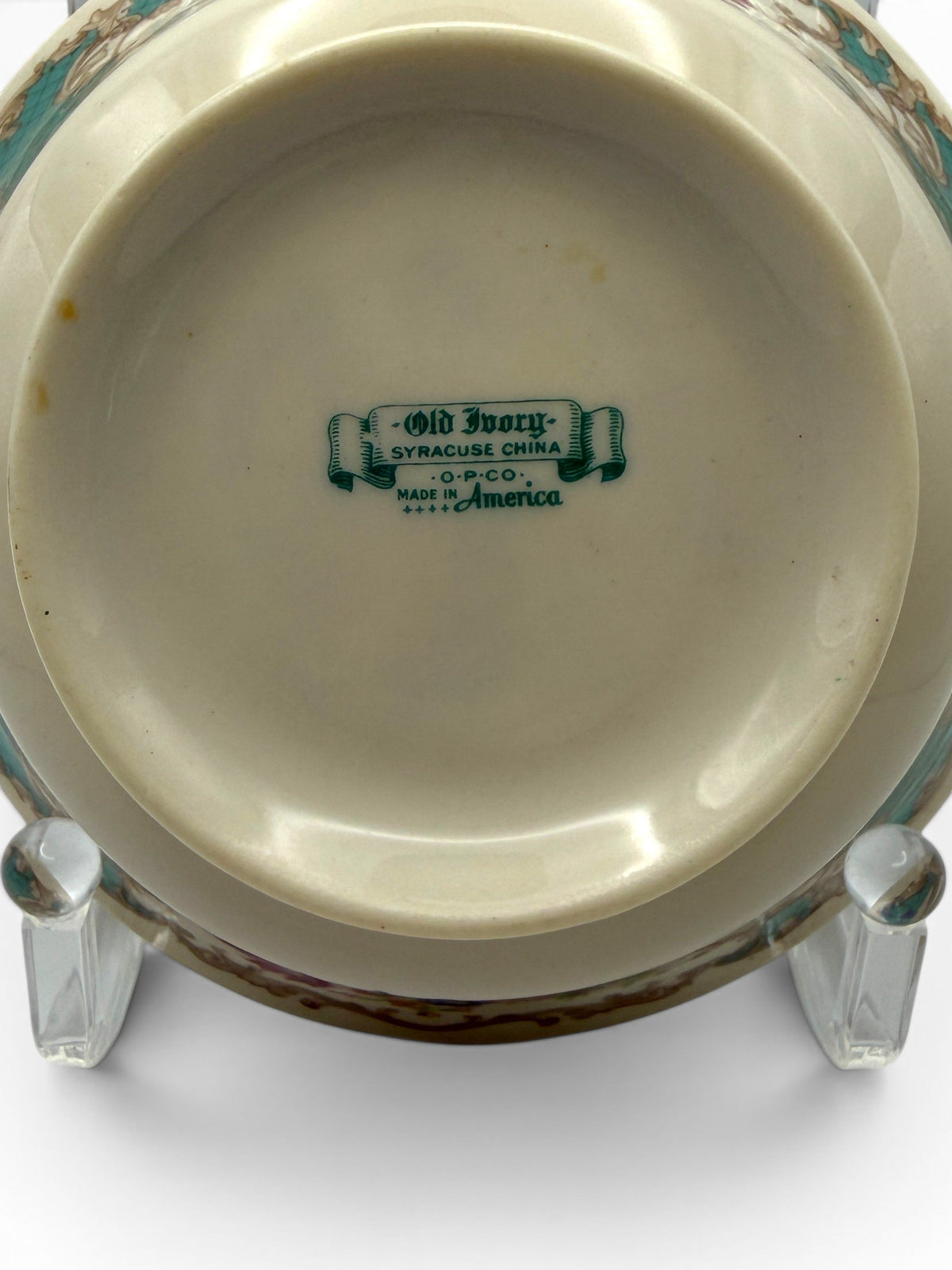 Hinson Vintage Interiors Syracuse China Old Ivory maker mark on the base of a vintage Romance Green soup bowl