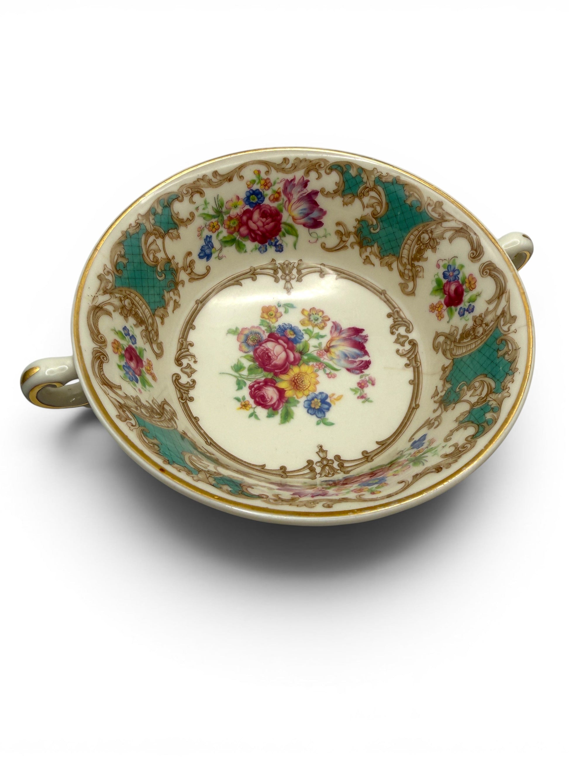 Hinson Vintage Interiors Syracuse China Romance Green cream soup bowl with floral center and gold scrollwork trim.