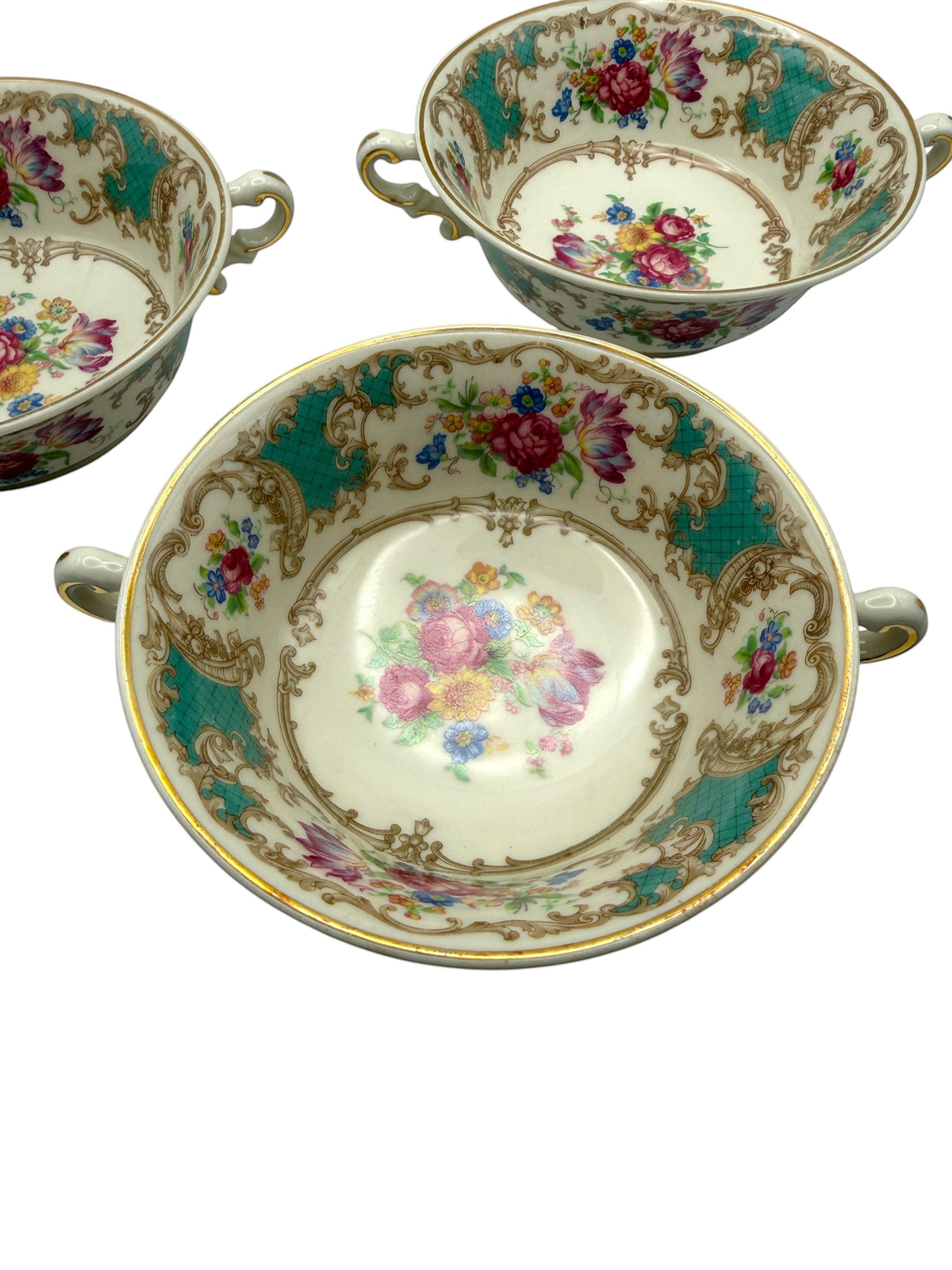 Hinson Vintage Interiors set of three Syracuse China Romance Green cream soup bowls with floral and gold scrollwork.