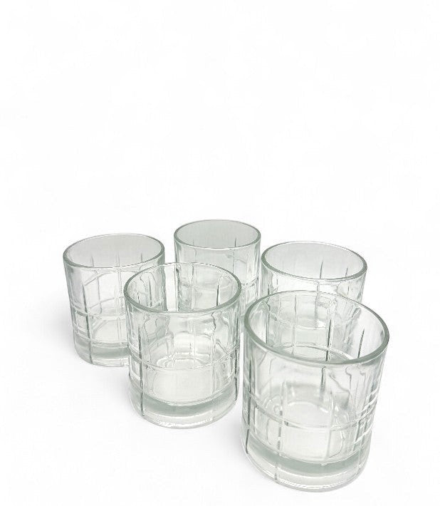 Hinson Vintage Interiors set of five clear glass Anchor Hocking Tartan old fashioned glasses with grid pattern