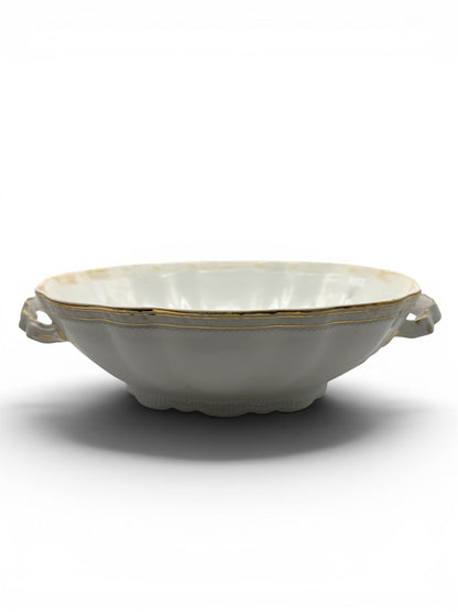 Hinson Vintage Interiors white porcelain serving bowl with gold trim, ribbed detailing, and scalloped handles.