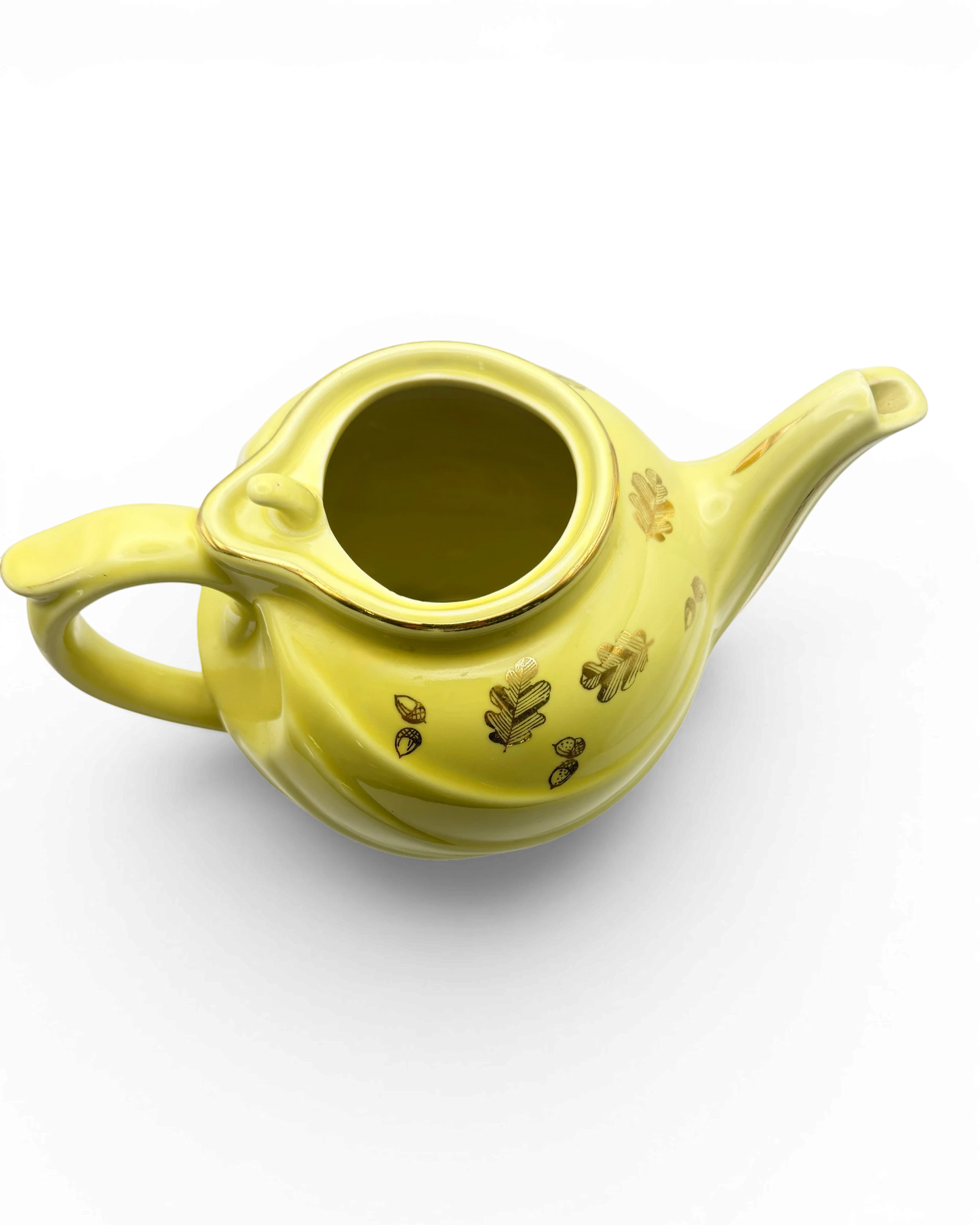 Hinson Vintage Interiors buttery yellow ceramic Hall teapot with gold autumn leaf and acorn motif and gold rim